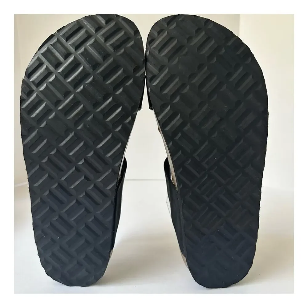 Mountain Sole Black Leather Braided Strap Sandals US 8 Cork Footbed Buckle